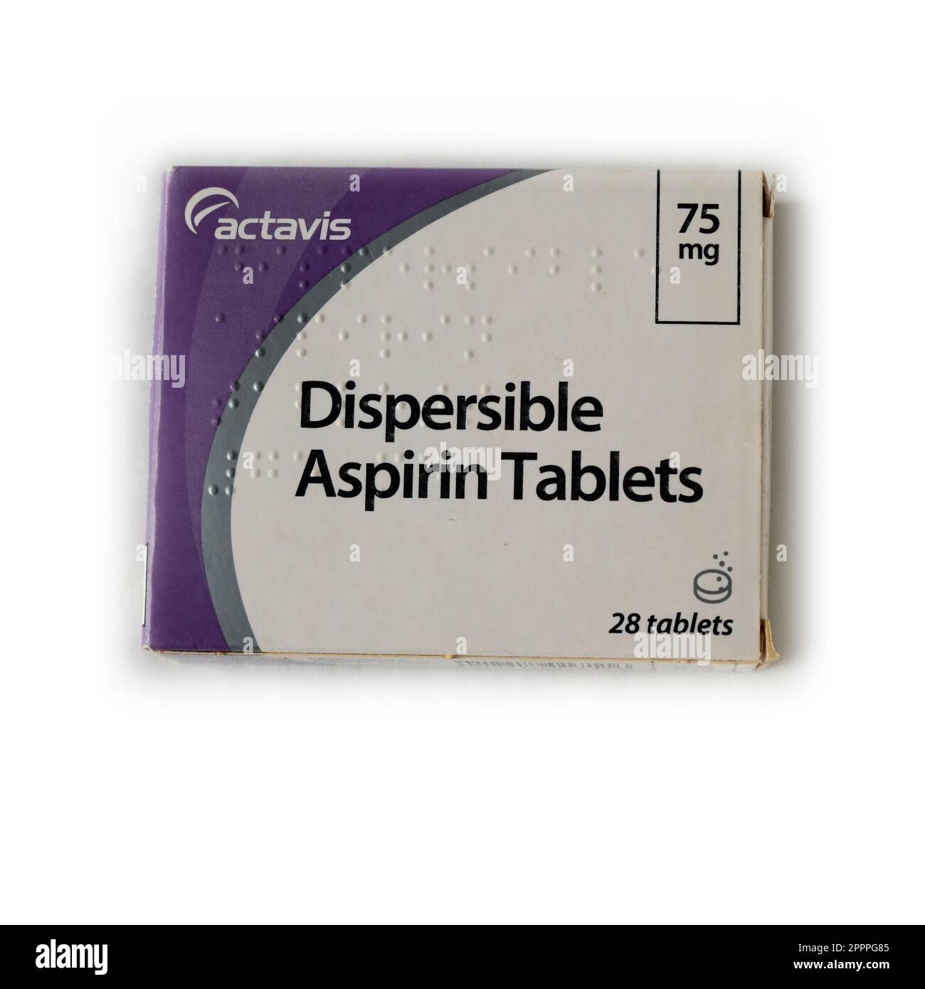 Actavis Aspirin Tabletten Zur Herstellung Einer Suspension Zum Einnehmen. Packung mit 28 Tabletten aus Karton. 75mg Stockfoto