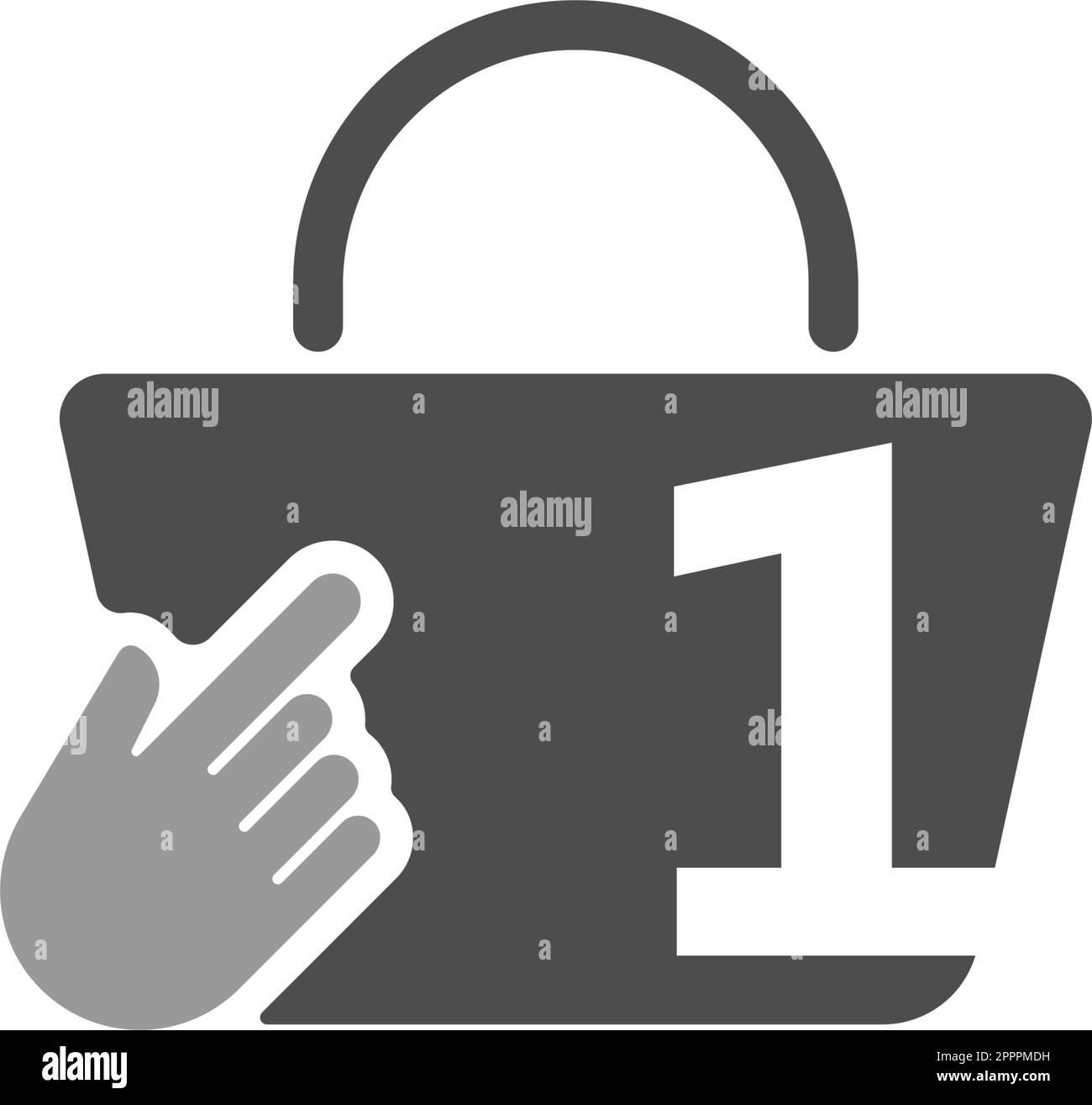 Online-Einkaufstasche, Cursor-Klick-Handsymbol mit Abbildung Nummer 1 Stock Vektor
