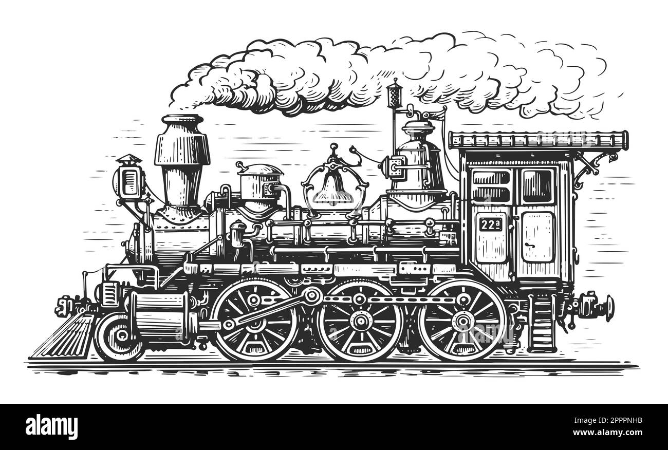 Retro-Zug im Stil einer klassischen Gravur. Handgezogene Dampflokomotive. Skizze des Eisenbahntransports Stockfoto