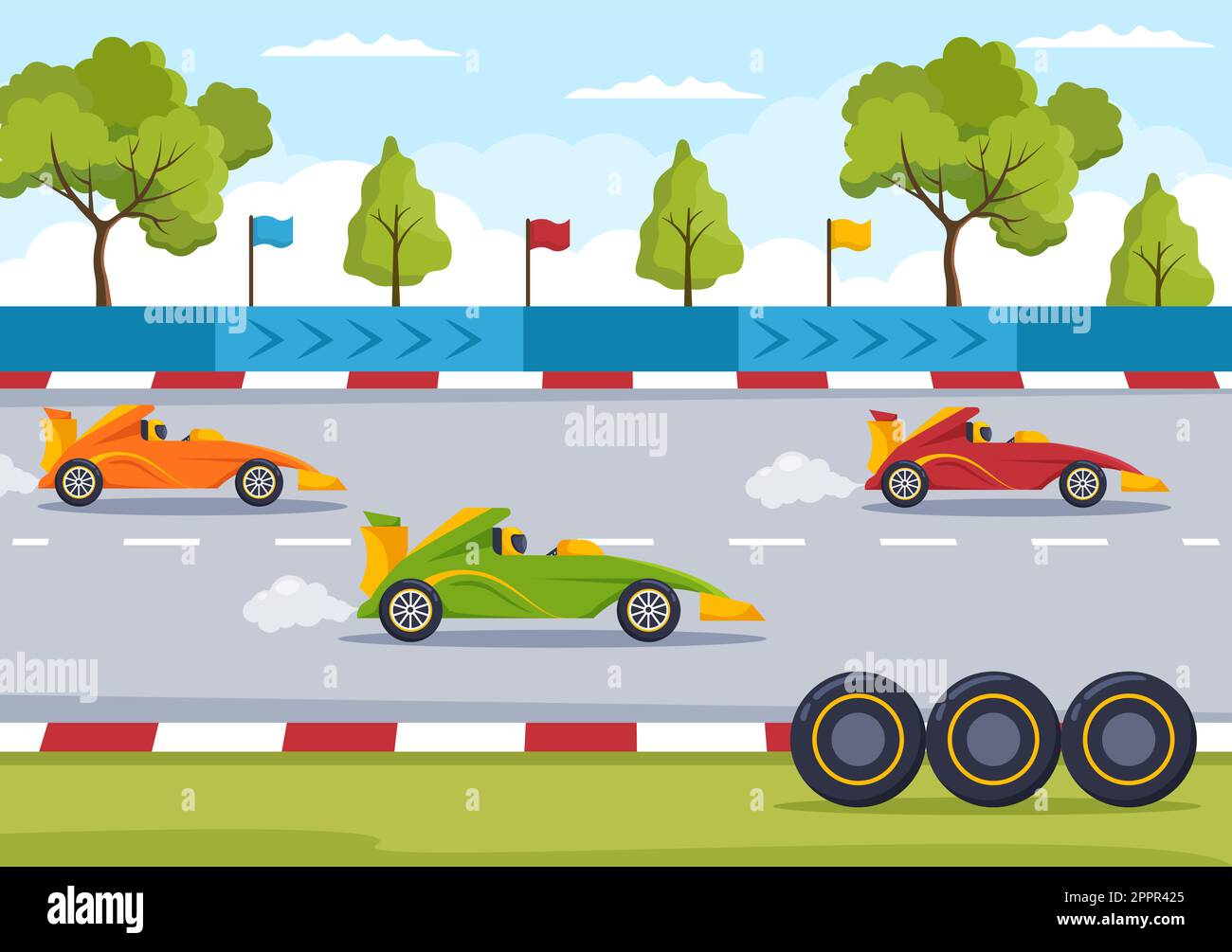 Formula Racing Sport Car Reach on Race Circuit die Ziellinie Cartoon Illustration, um die Meisterschaft in Flat Style Design zu gewinnen Stock Vektor