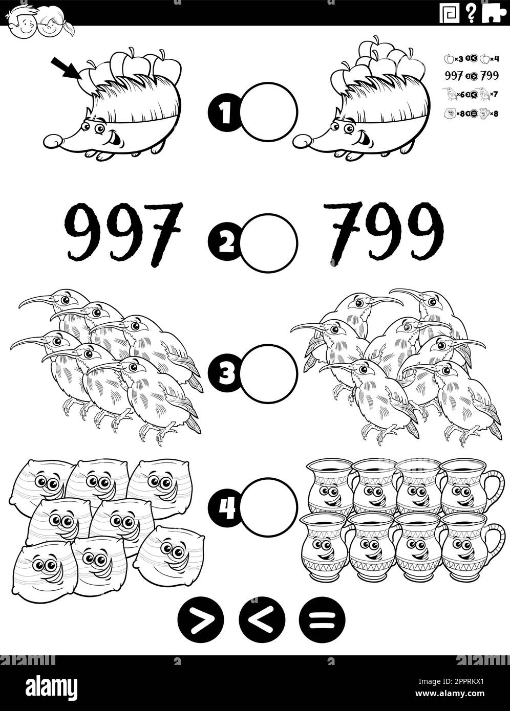 Größer oder gleich Farbseite für mathematische Aufgaben Stock Vektor