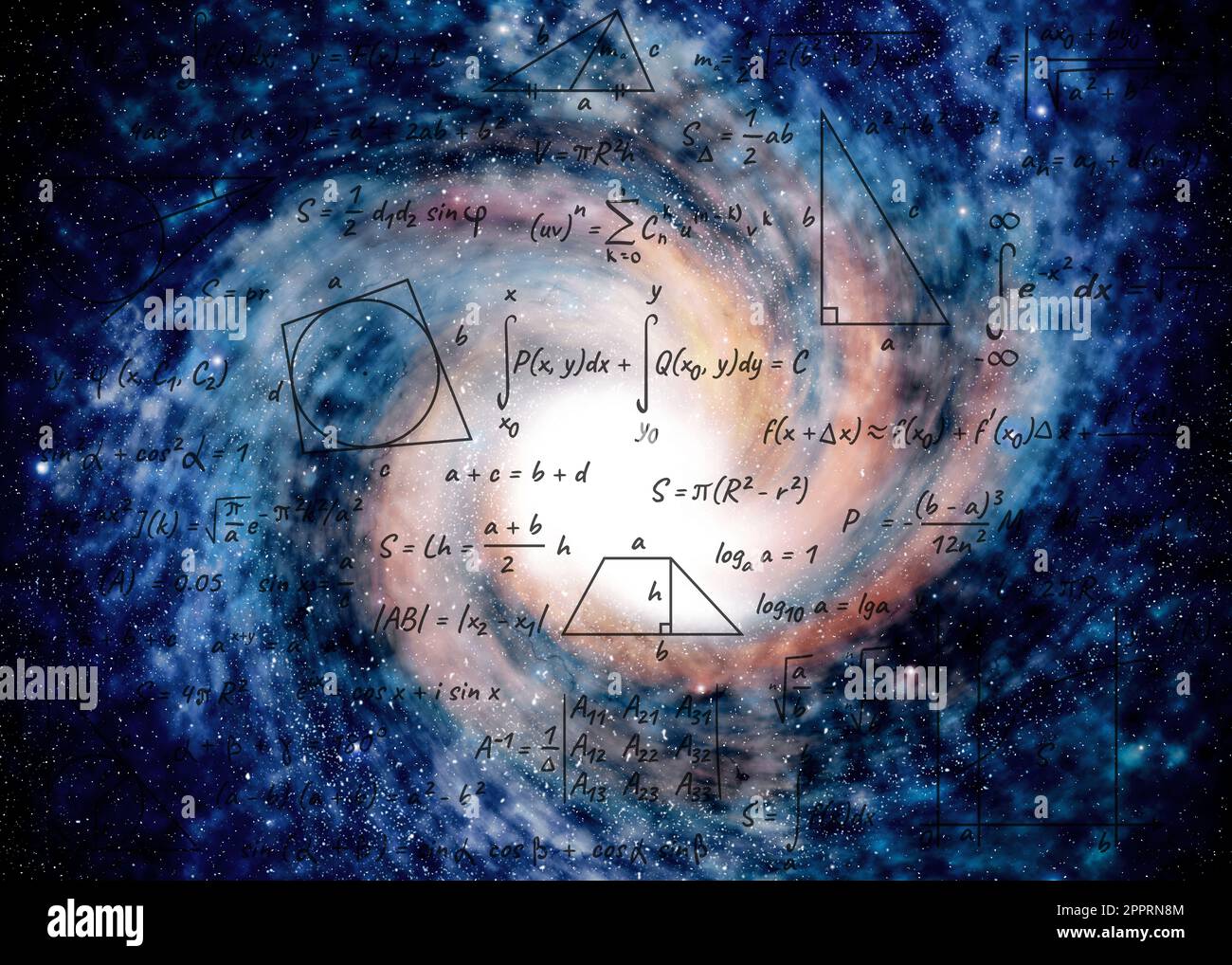 Darstellung der Grundphysik und Mathematikformeln und Galaxie im Universum Stockfoto