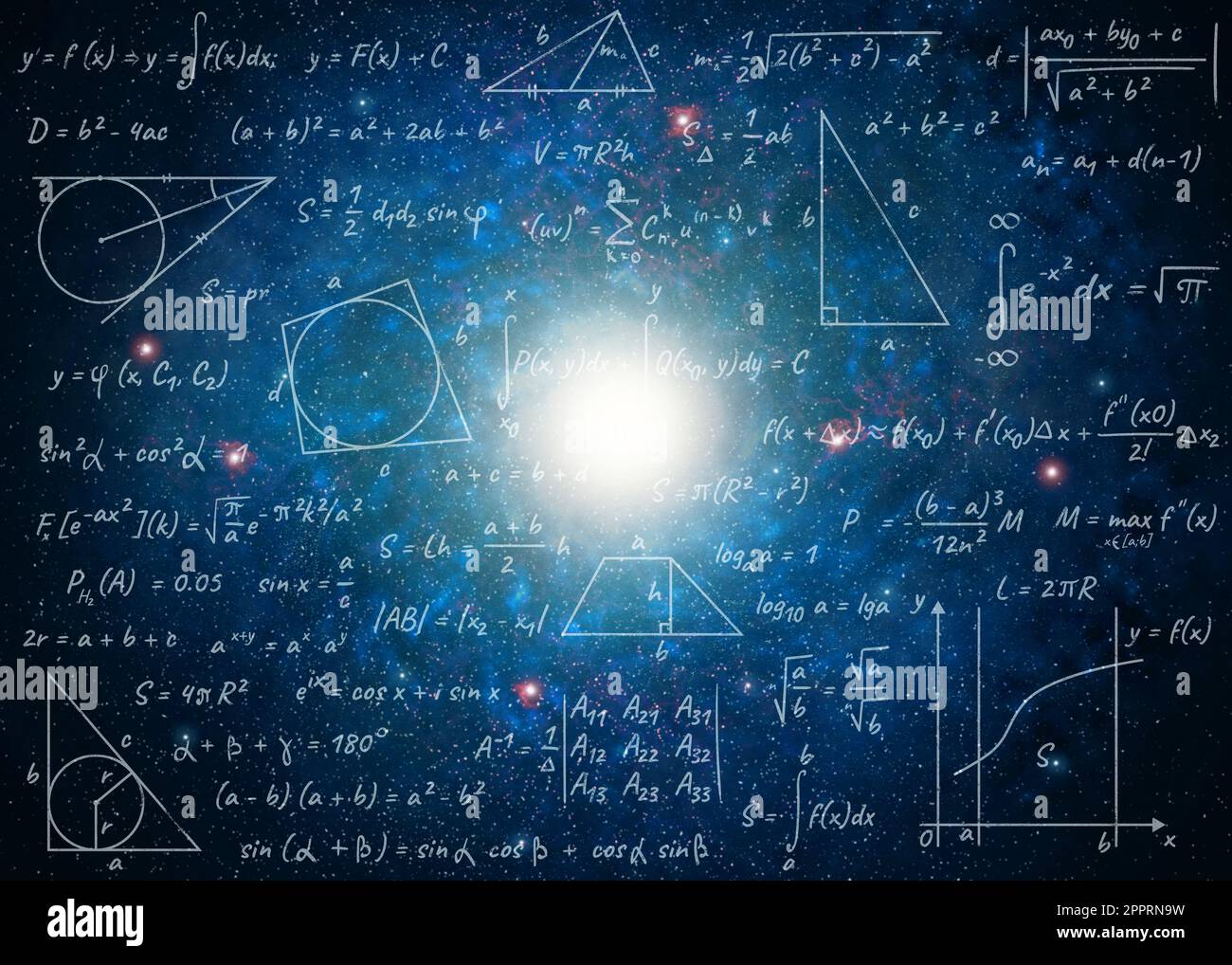 Darstellung der Grundphysik und Mathematikformeln und Galaxie im Universum Stockfoto