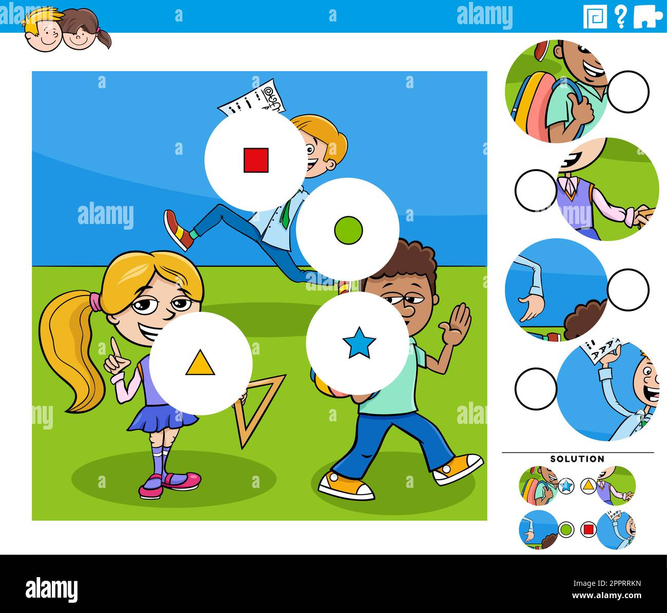 Die Puzzleteile lassen sich mit den Zeichentrickfiguren der Schüler kombinieren Stock Vektor