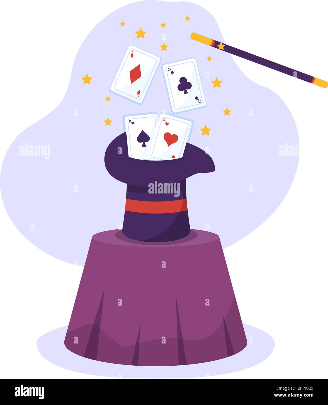 Zauberer Illusionist beschwört Tricks und winkt einen Zauberstab über seinen geheimnisvollen Hut auf einer Bühne in Template Hand Drawn Cartoon Flat Illustration Stock Vektor