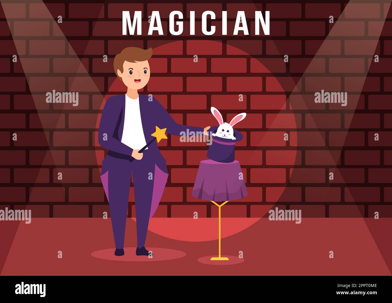 Zauberer Illusionist beschwört Tricks und winkt einen Zauberstab über seinen geheimnisvollen Hut auf einer Bühne in Template Hand Drawn Cartoon Flat Illustration Stock Vektor