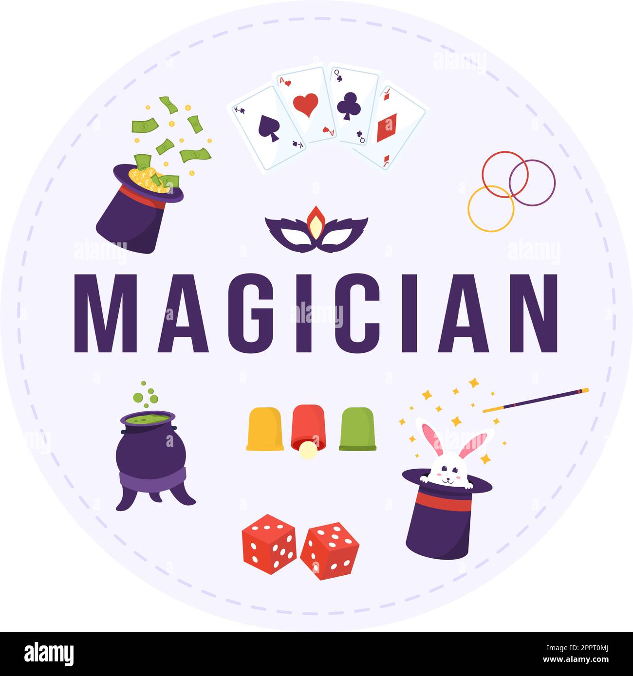 Zauberer Illusionist beschwört Tricks und winkt einen Zauberstab über seinen geheimnisvollen Hut auf einer Bühne in Template Hand Drawn Cartoon Flat Illustration Stock Vektor