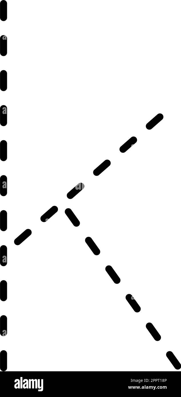Nachverfolgung Kleinbuchstabe k Vorschreiben gepunktete Linie Element für Kinder im Kindergarten, Vorschule und Montessori-Schule Arbeitsblatt für Handschriftübungen. Stock Vektor