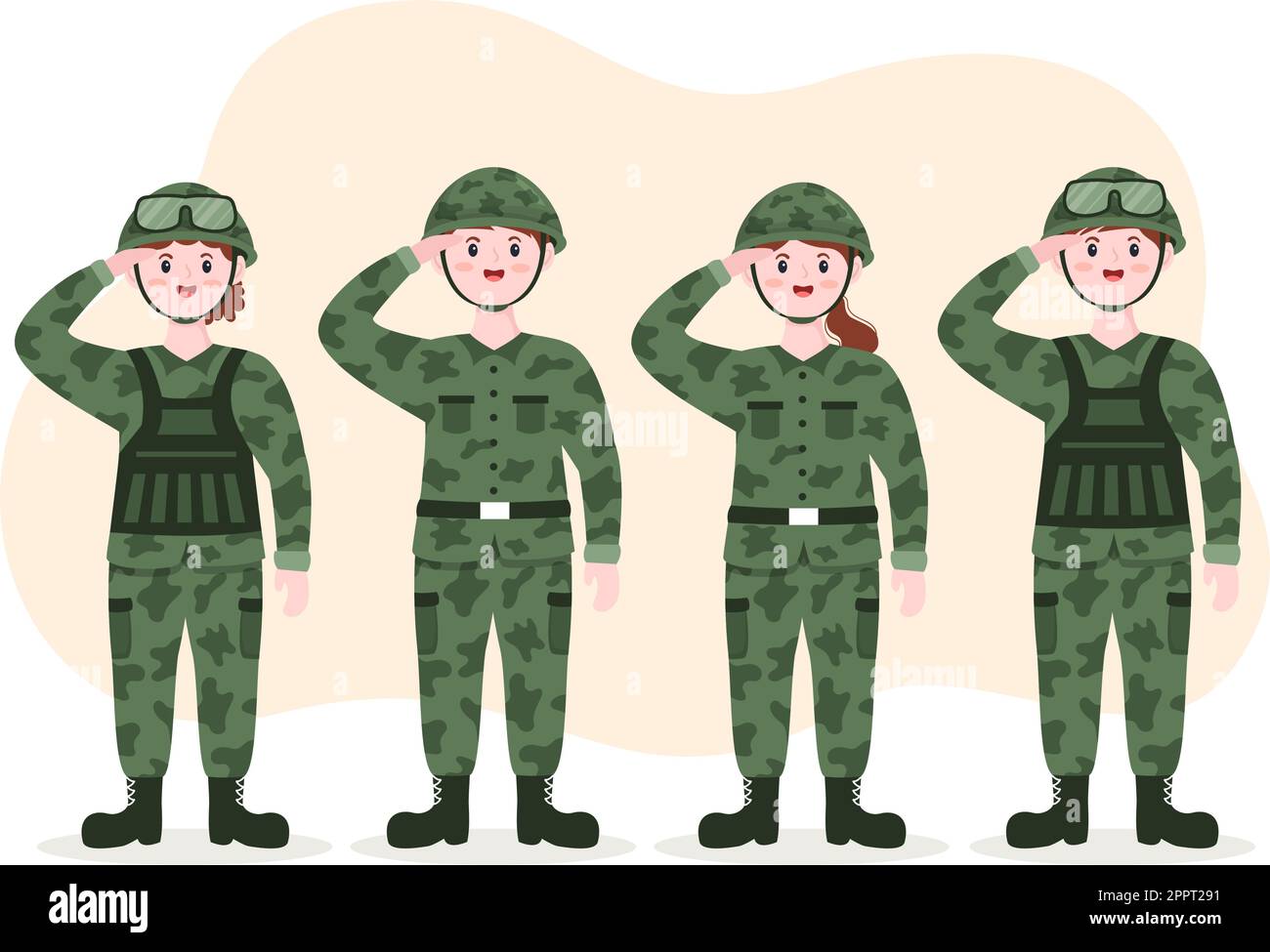 Military Army Force Template Handgezeichnete niedliche Cartoon flache Illustration mit Soldat, Waffe, Panzer oder schwerer Schutzausrüstung Stock Vektor