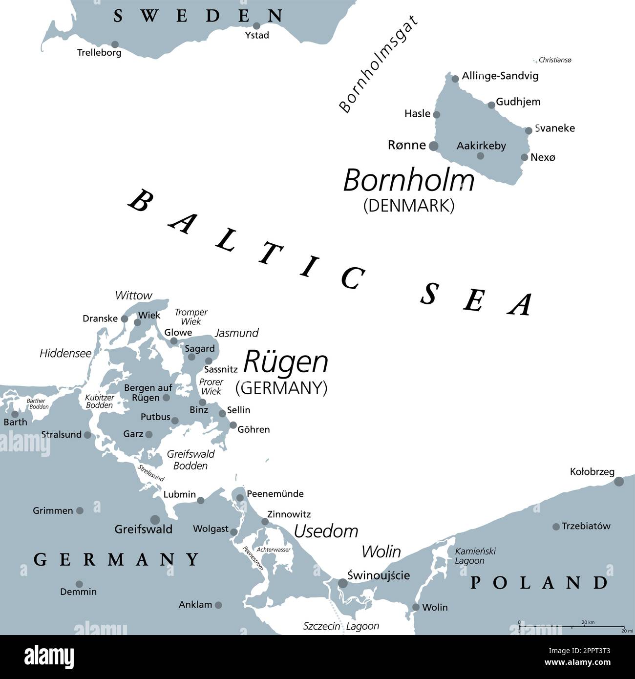 Dänische Insel Bornholm und die größte deutsche Insel Rügen, graue politische Karte Stock Vektor