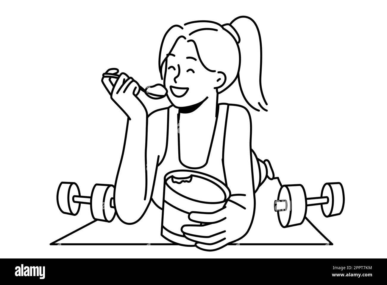 Lächelnde Frau, die auf einer Fitnessmatte liegt und Eis isst Stock Vektor