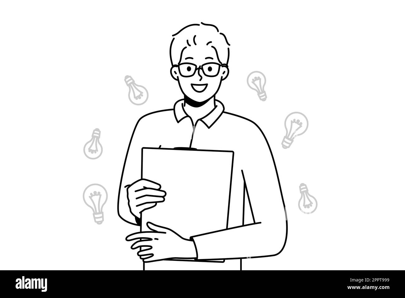 Lächelnder Mann in Brille mit Ordner in den Händen Stock Vektor
