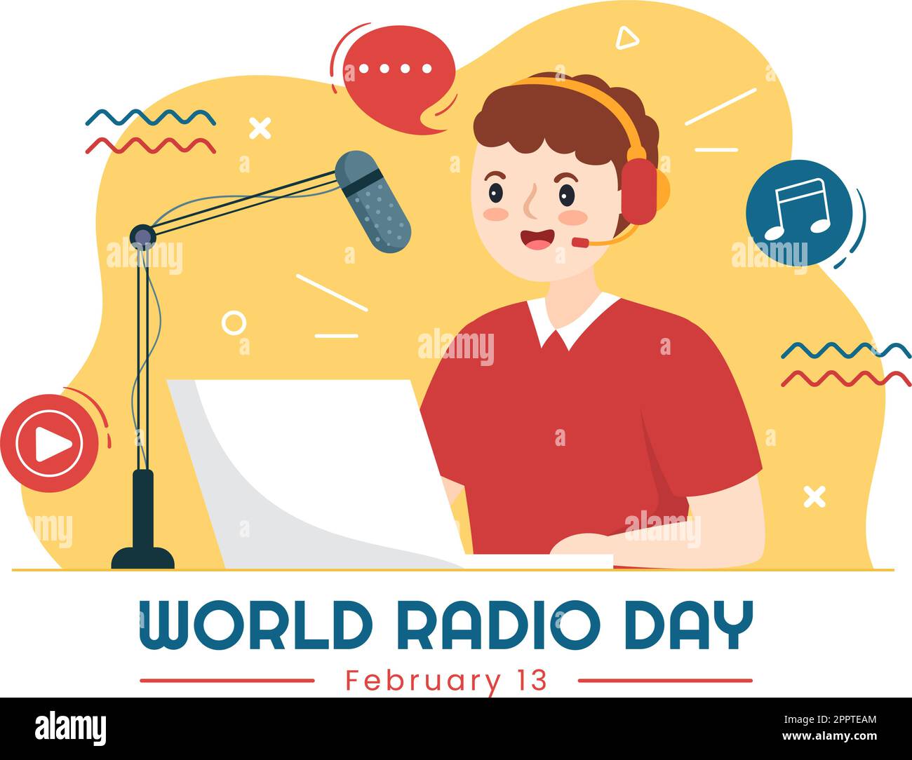 World Radio Day am 13. Februar von Idea for Landing Page Template, Banner und Poster in einer handgezeichneten Illustration mit flachem Cartoon-Hintergrund Stock Vektor