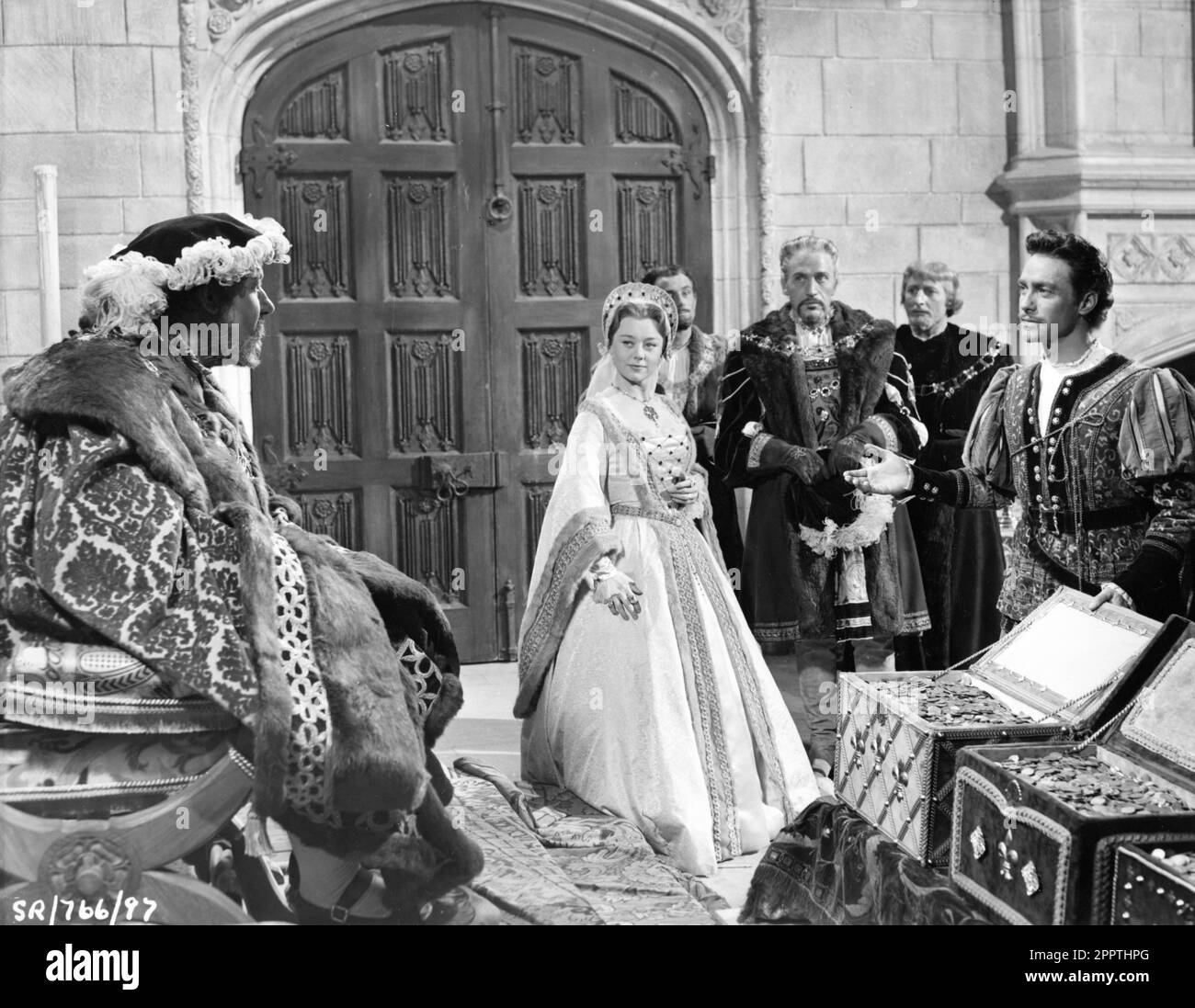 JAMES ROBERTSON GERECHTIGKEIT als König Heinrich VIII GLYNIS JOHNS als Prinzessin Mary Tudor und RICHARD TODD im SCHWERT UND DER ROSEN-1953-Regisseur KEN ANNAKIN aus dem Roman "Knighthood war in Flower" von Charles Hauptproduzent Perce Pearce Art Richtung Carmen Dillon Kostümdesign Valles Musik Clifton Parker UK   USA Koproduktion Walt Disney Productions / RKO Radio Pictures Stockfoto