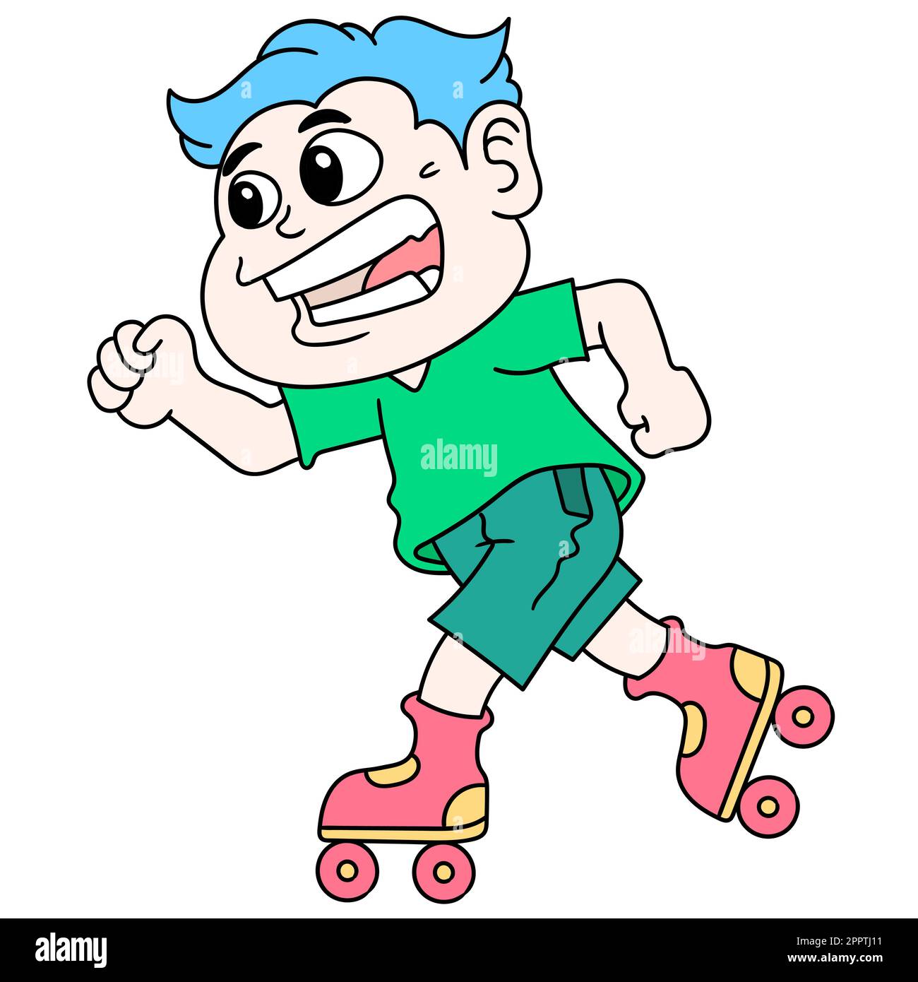 Der Junge fährt fröhlich Rollschuh, Doodle Icon Image Stock Vektor