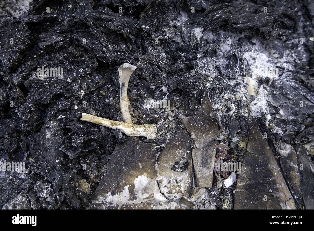 Details des alten Krematoriums mit Überresten menschlicher Knochen, Friedhof Stockfoto