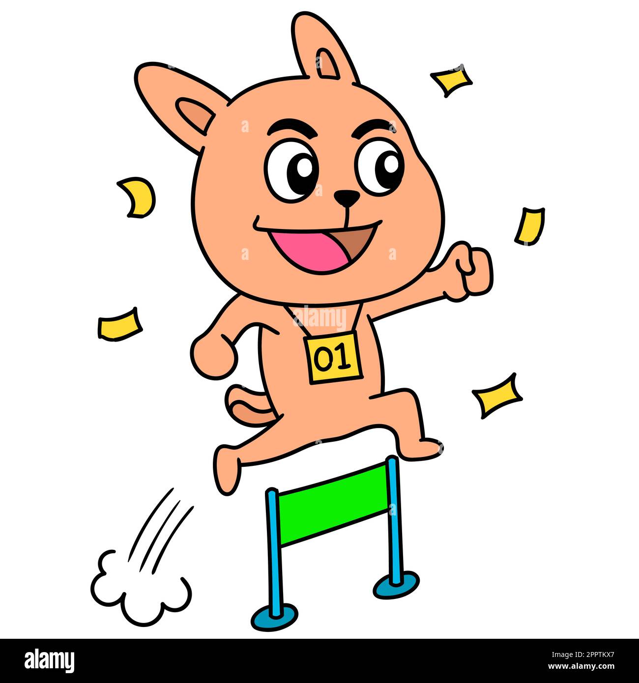 Zeichentrickaufkleber einer Katze, die beim Laufen über Hindernisse springt, Bild eines Doodle-Symbols Stock Vektor
