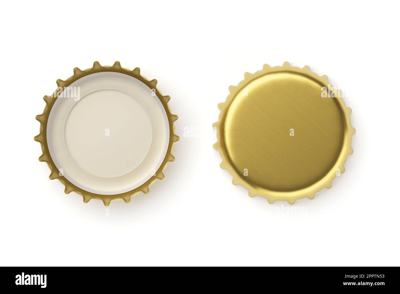 Goldene Bierkappen, isoliert auf weißem Hintergrund. Leere Metall-Soda-Kappen-Modelle. 3D-Rendering-Abbildung. Stockfoto