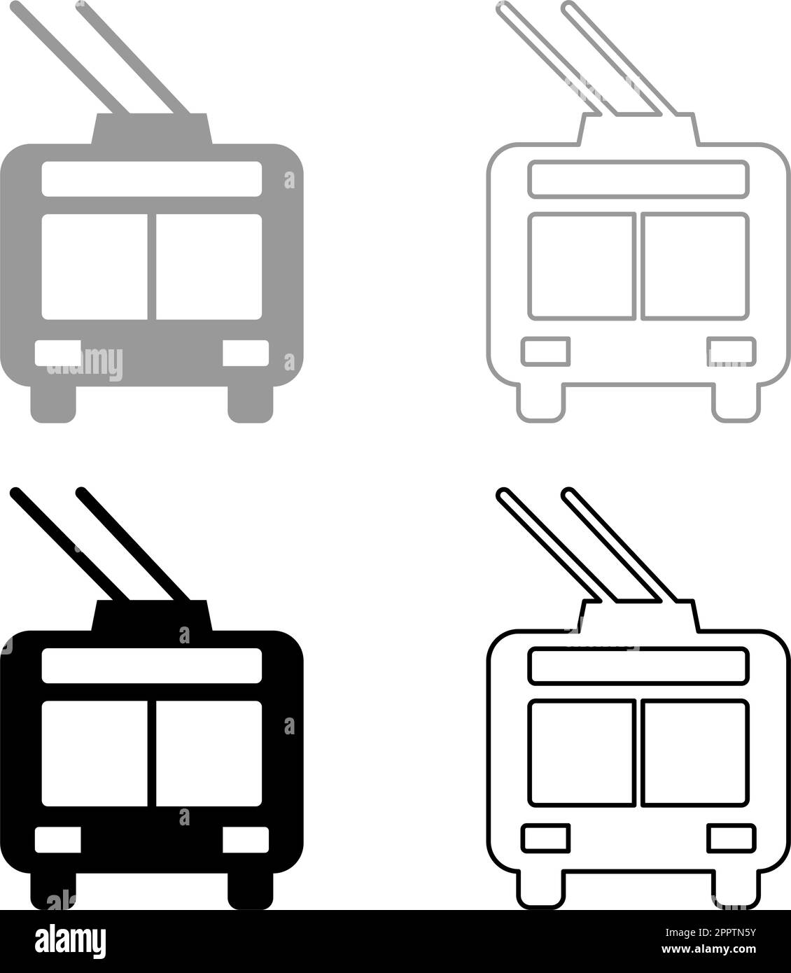 Trolleybus Elektrischer Stadtverkehr öffentlicher Nahverkehr Trolley-Bus-Set Symbol grau schwarz Vektordarstellung Bild Vollfüllung Konturlinie dünn flach Stock Vektor