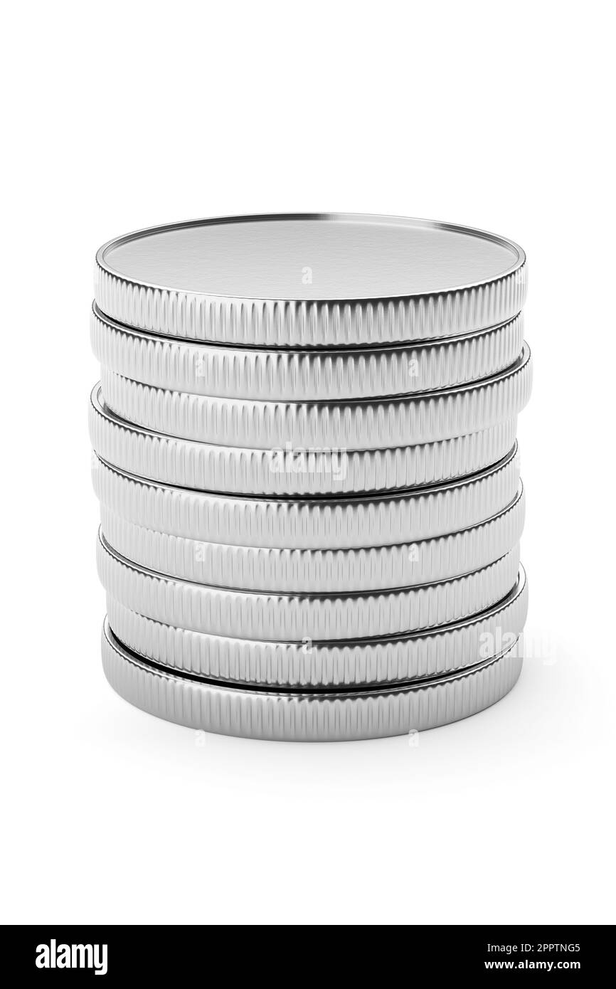 Nickelmünzenstapel isoliert auf weißem Hintergrund. 3D-Rendering-Abbildung. Stockfoto
