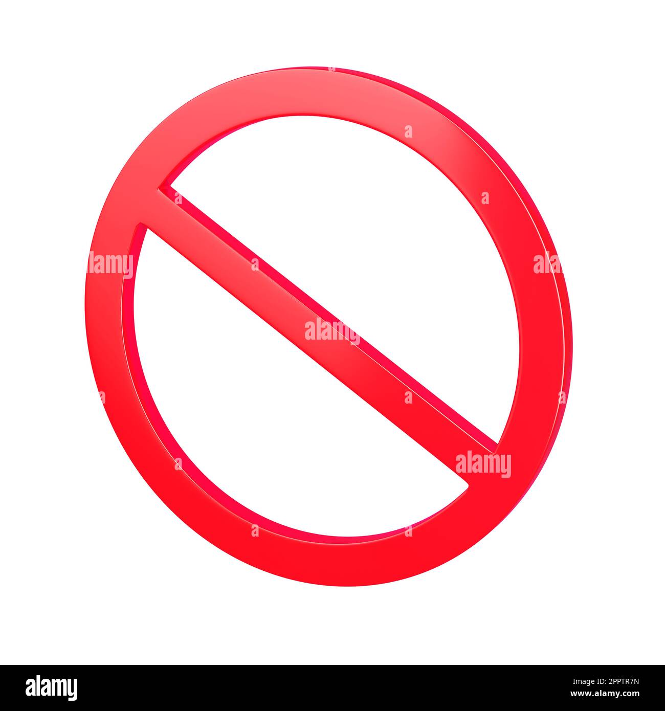 Leeres Verbots- oder Verbotsschild, durchgestrichener roter Kreis isoliert auf weißem Hintergrund. 3D-Rendering-Abbildung. Stockfoto