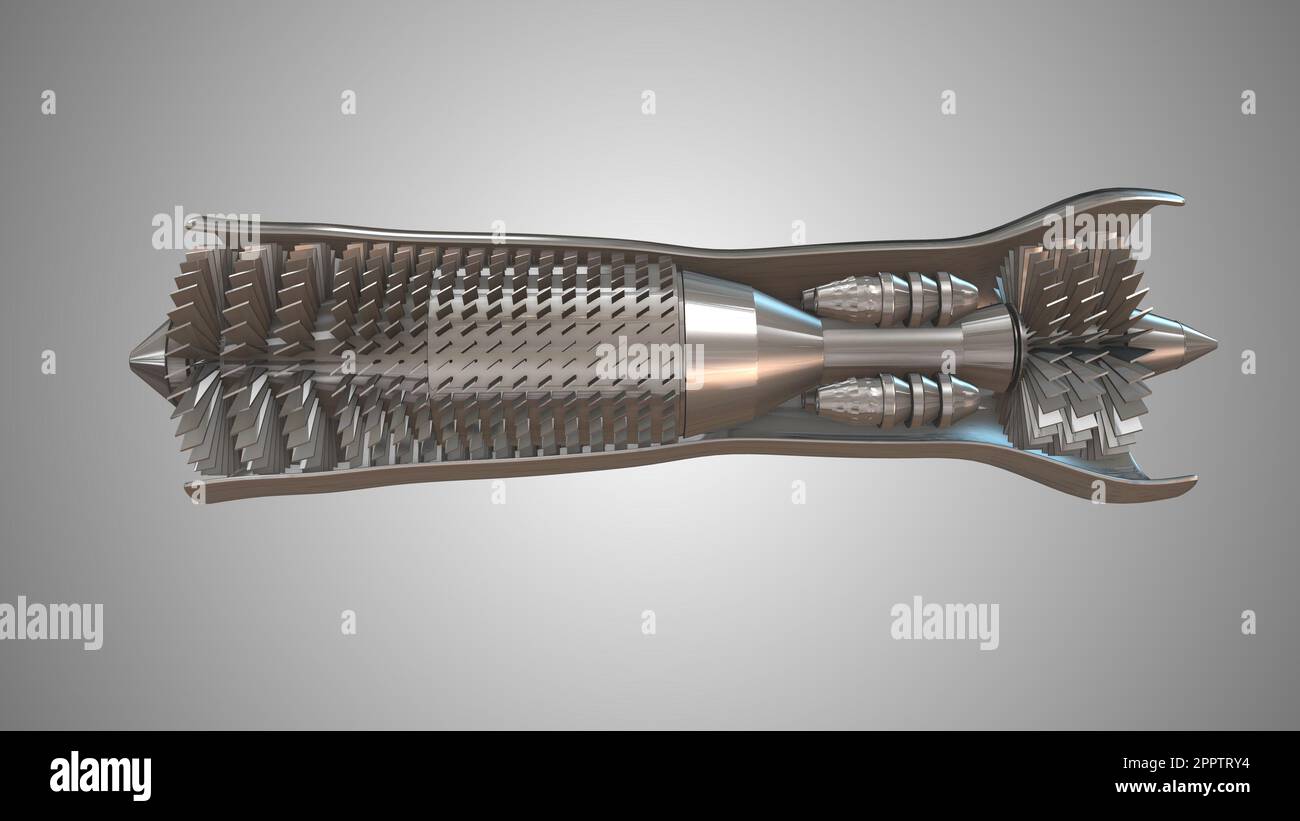 Betrieb des Turbinenmotors mit Darstellung der Aerodynamik und der Schubströmungslüfterschaufeln mit Darstellung der Temperaturrampe und des Partikelflusses Stockfoto