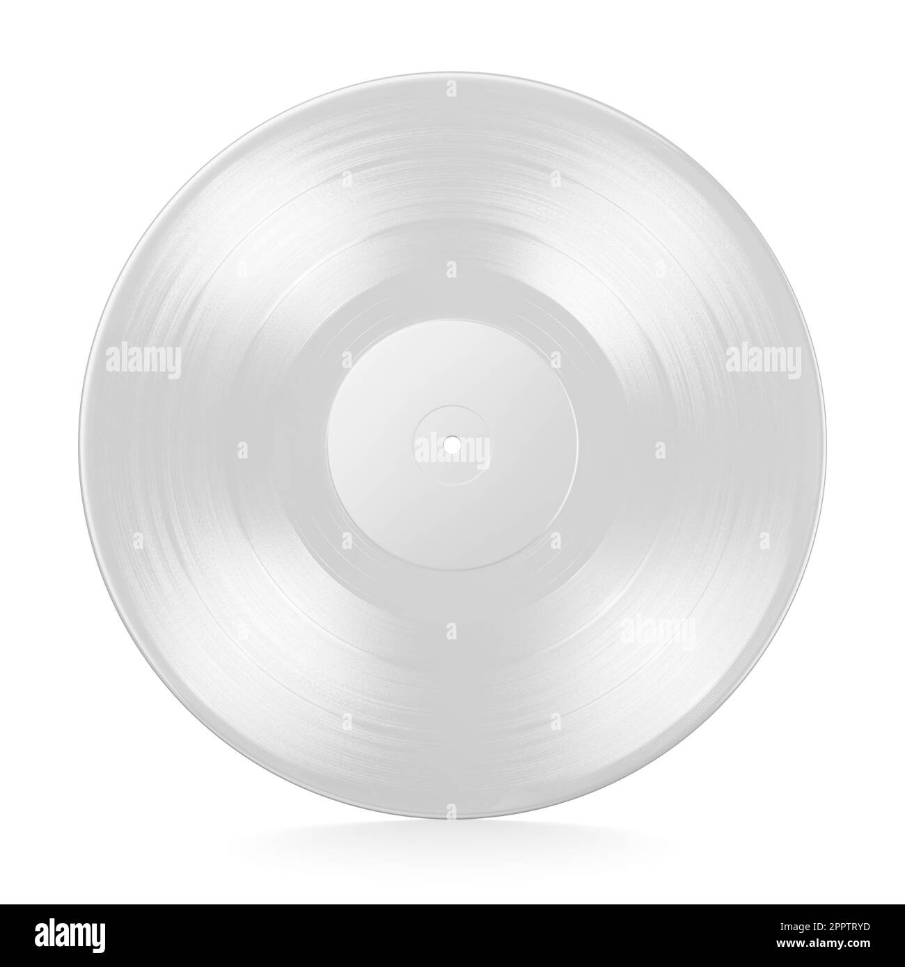 Weißer 12-Zoll-LP-Schallkopf aus Vinyl, isoliert auf weißem Hintergrund. 3D-Rendering-Abbildung. Stockfoto
