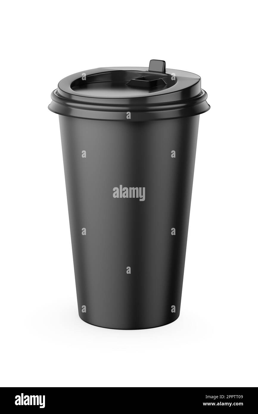 Schwarzer Einweg-Kaffeebecher (500 ml) mit Kunststoffdeckel auf weißem Hintergrund, 3D-Darstellung. Stockfoto