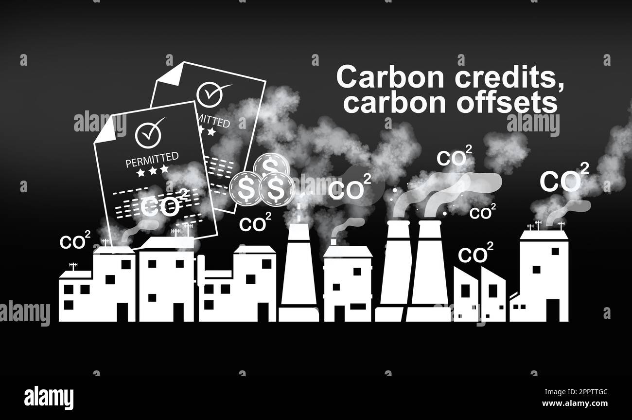 CO2-Gutschrift und -Verrechnung, CO2-Emissionsreduzierung. Reduzierung von Treibhausgasen und Luftverschmutzung. Steuergutschriften für Unternehmen, um die globale Erwärmung zu stoppen. Stockfoto