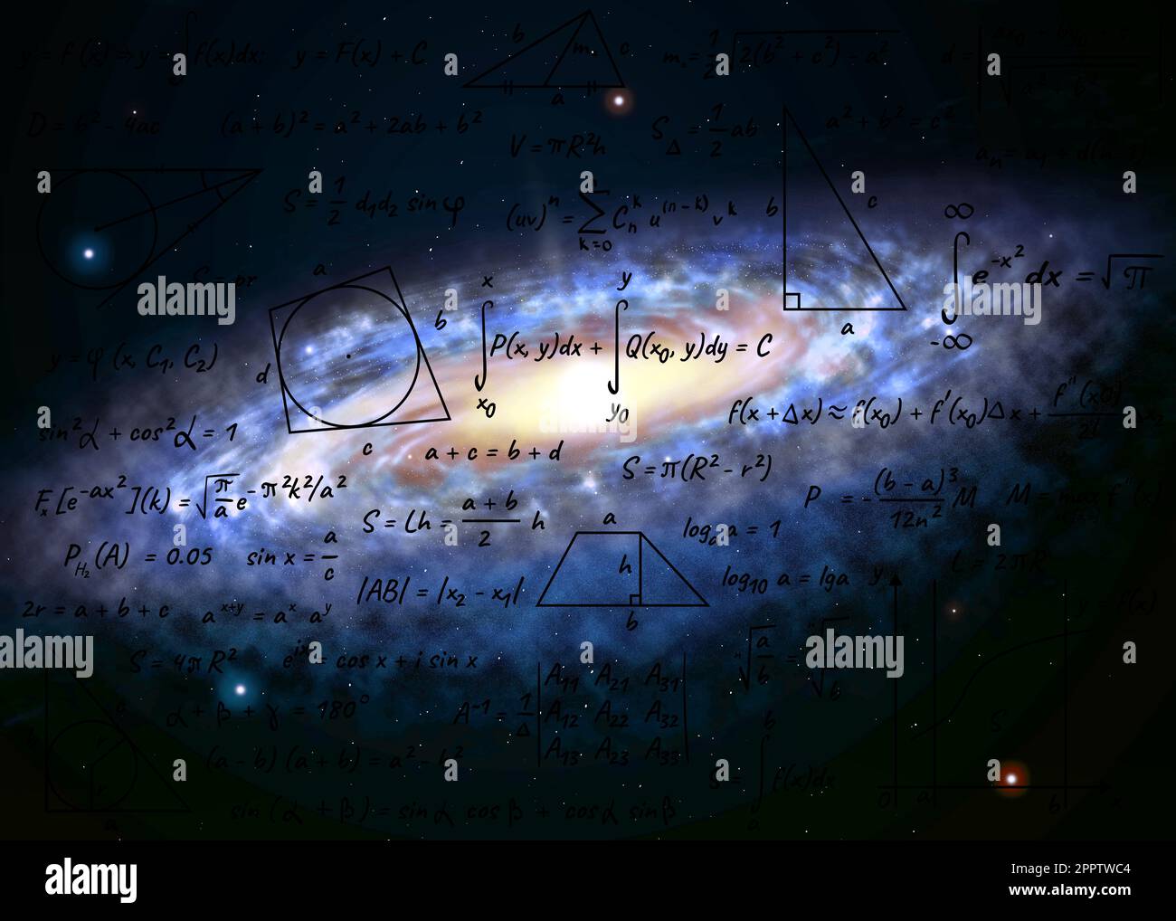 Darstellung der Grundphysik und Mathematikformeln und Galaxie im Universum Stockfoto