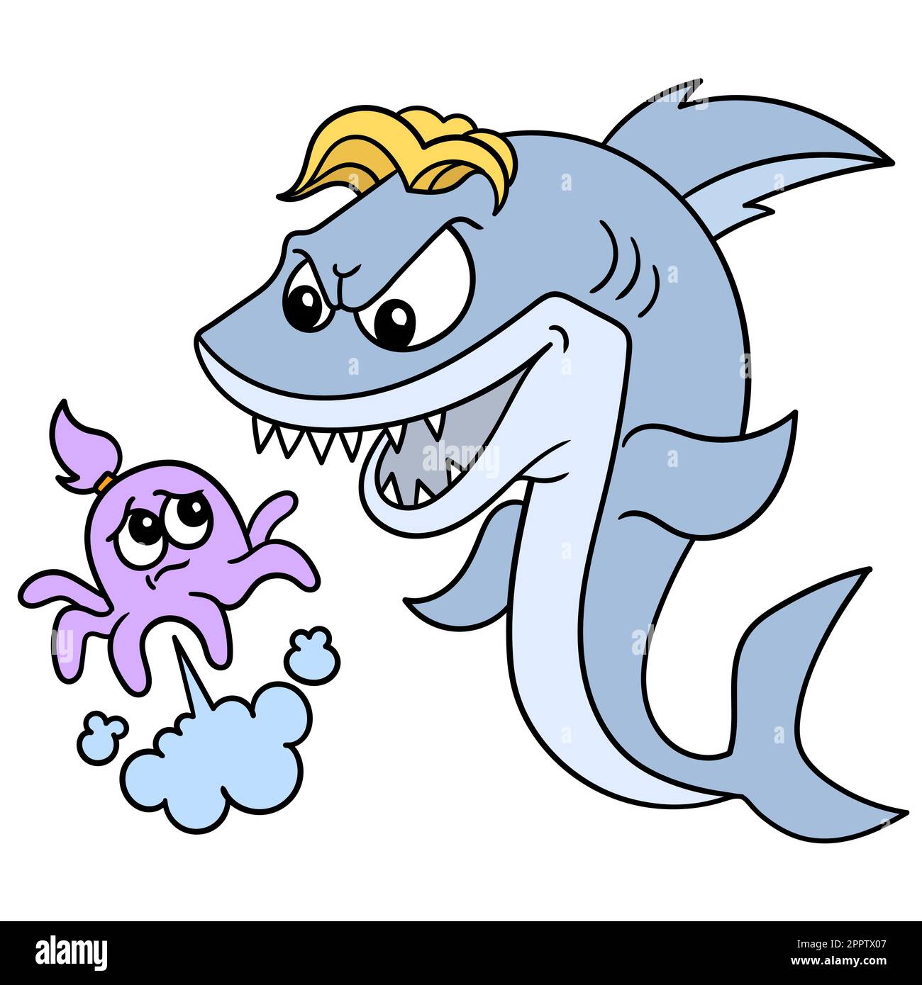 Ein wilder Hai beobachtet einen kleinen Kraken, der verängstigt und in die Ecke gedrängt ist, ein koodle Ikone-Bild Kawaii Stock Vektor