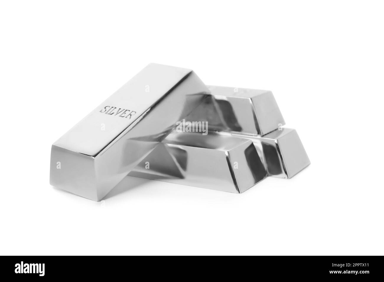 Viele glänzende silberne Balken isoliert auf Weiß Stockfoto