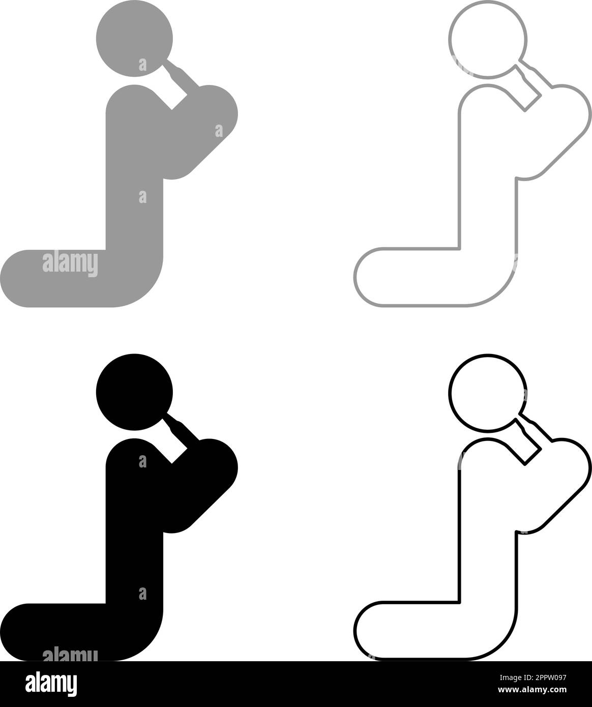 Mann trinkt Alkohol aus einer Flasche Bier Wein Trinker Konzept Stick verwenden Getränk Trinker Alkohol steht auf den Knien Set Symbol grau schwarz Vektor Illustration Bild durchgehende Füllung Konturlinie dünn flacher Stil Stock Vektor