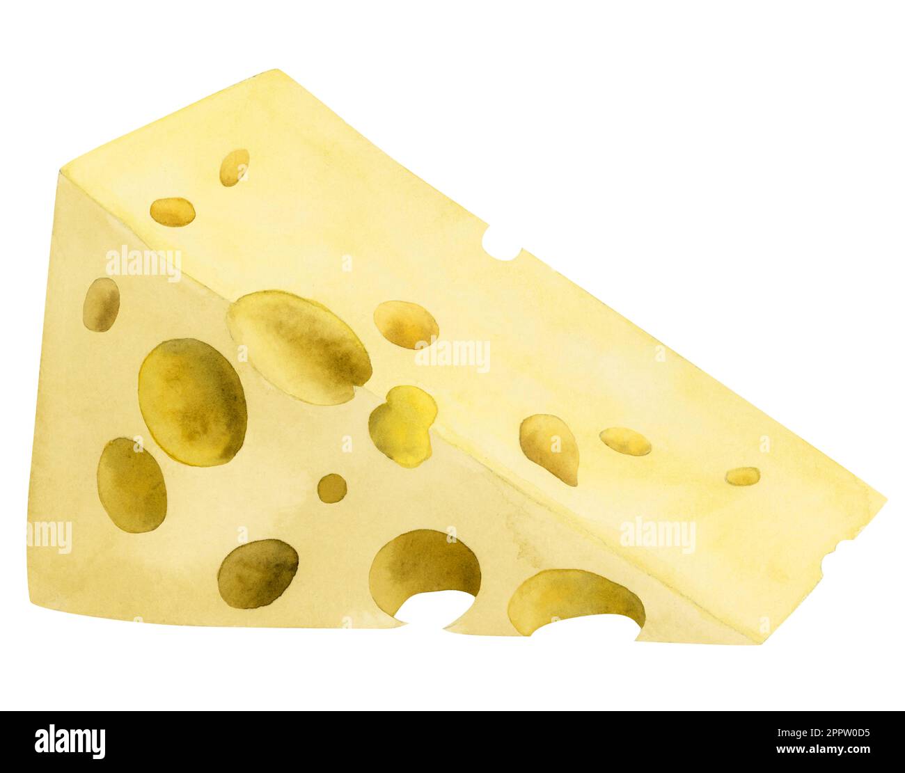 Aquarelle Dreiecksstücke aus Schweizer Käse, emmental oder Cheddar mit Lochabbildung. Milchkost, Milchprodukt-Clipart auf weißem Hintergrund isoliert Stockfoto