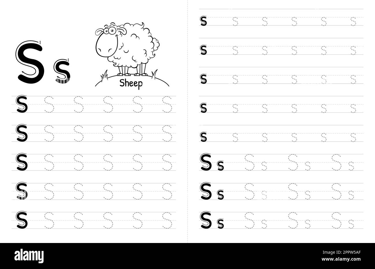 Innenausstattung mit ABC-Buchstaben und Pünktchenbuch für Kinder. Kinder Schreiben Arbeitsblatt Mit Bild. Premium Vector Elements Buchstabe S. Stock Vektor