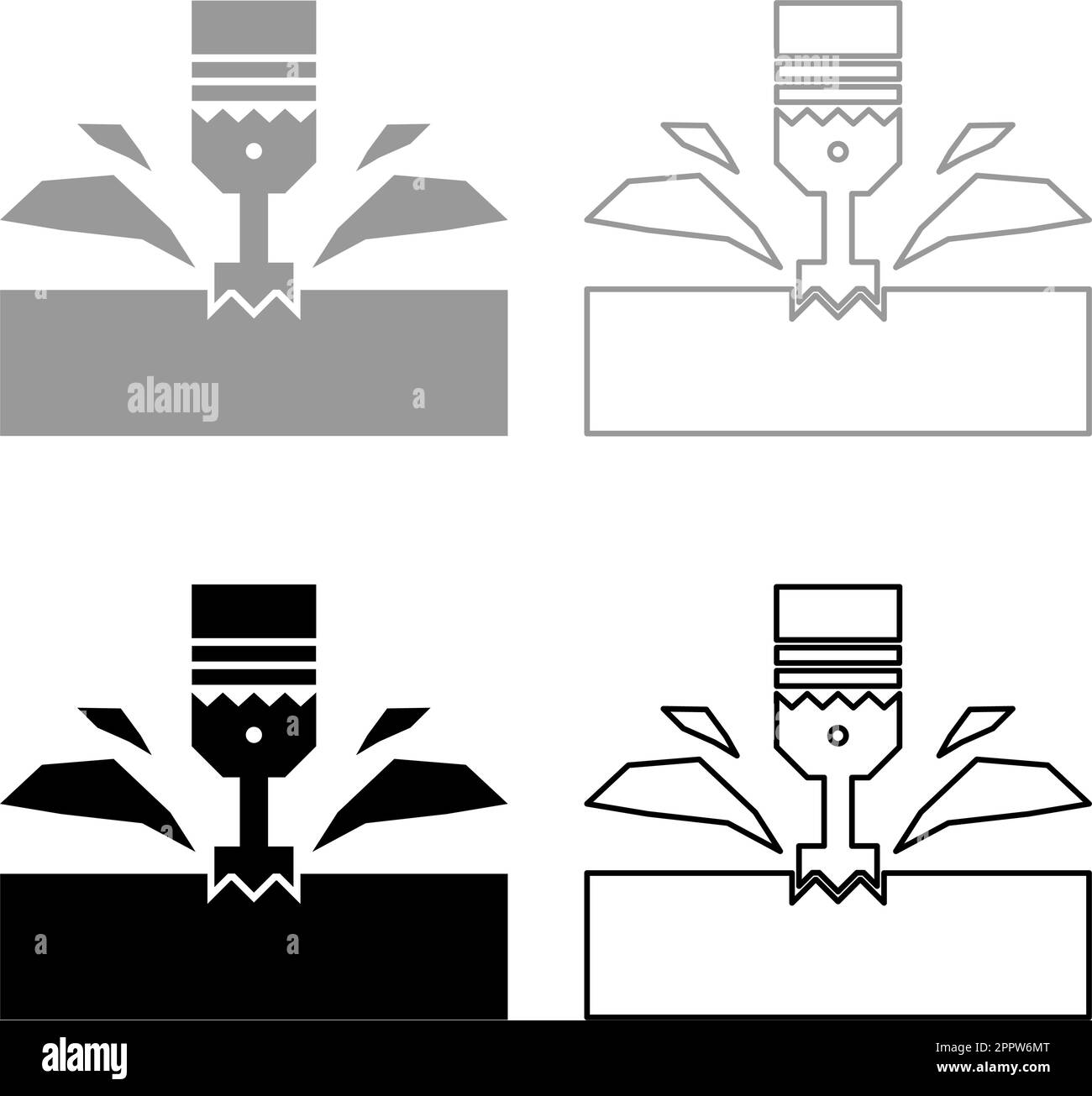 CNC Fräsmaschinenmaterial Metallbearbeitung Fräser Stößel Metallbearbeitung Industrie Drehkolben Tauchen Elektrowerkzeug Technologie Werkzeug Schnitzerspanung Set Symbol grau schwarz Vektordarstellung Bild feste Füllung Konturlinie dünne flache Form Stock Vektor