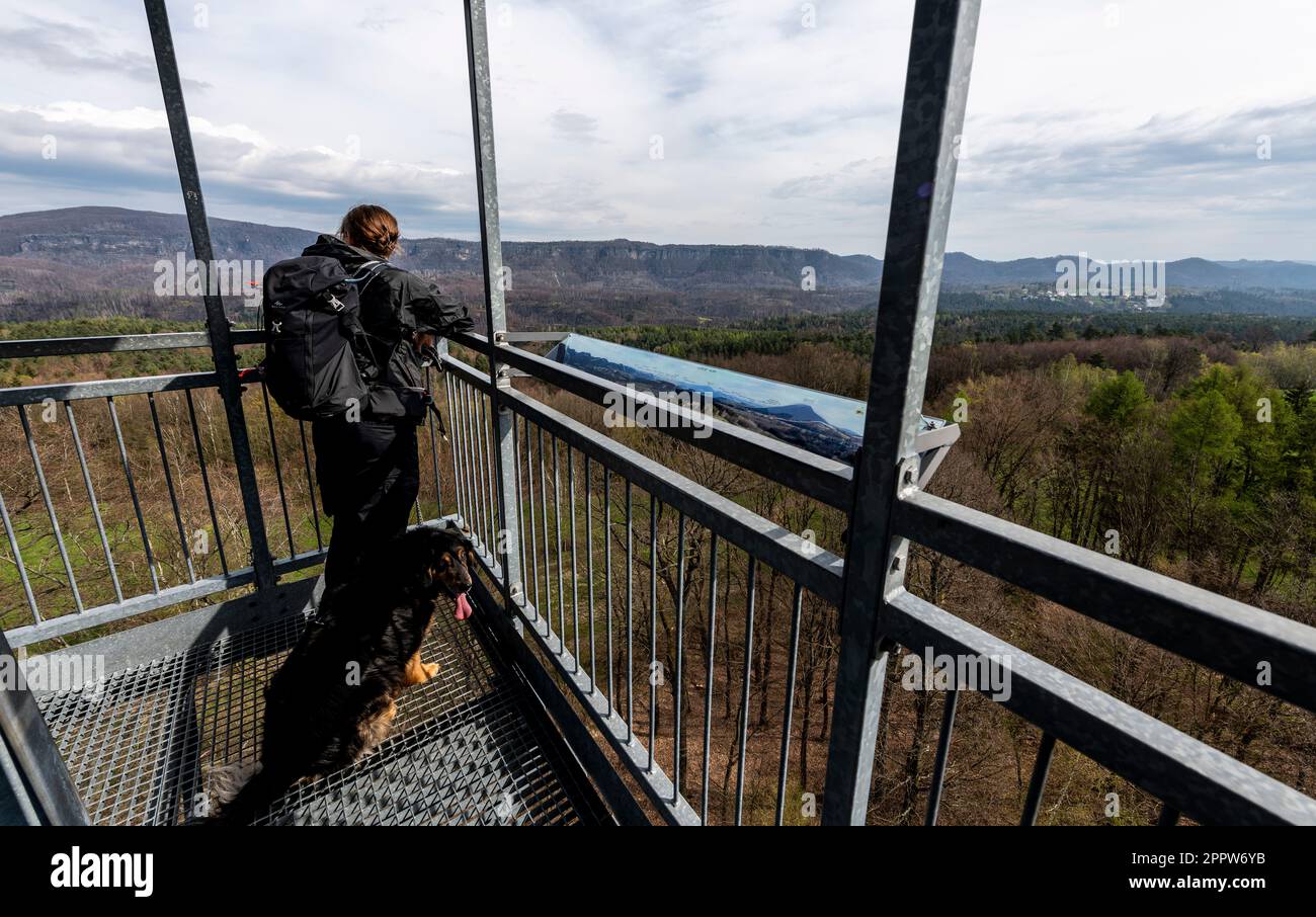 Janov, Tschechische Republik. 23. April 2023. Blick vom Janov Aussichtsturm, der sich auf der neu markierten Route Hrebenovka durch die böhmische Schweiz befindet, 23. April 2023, Decin-Region. Kredit: Ondrej Hajek/CTK Photo/Alamy Live News Stockfoto