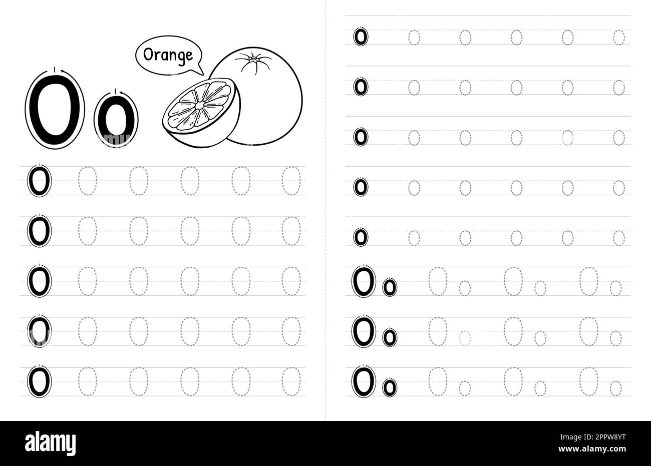 Innenausstattung mit ABC-Buchstaben und Pünktchenbuch für Kinder. Kinder Schreiben Arbeitsblatt Mit Bild. Premium Vector Elements Buchstabe O. Stock Vektor