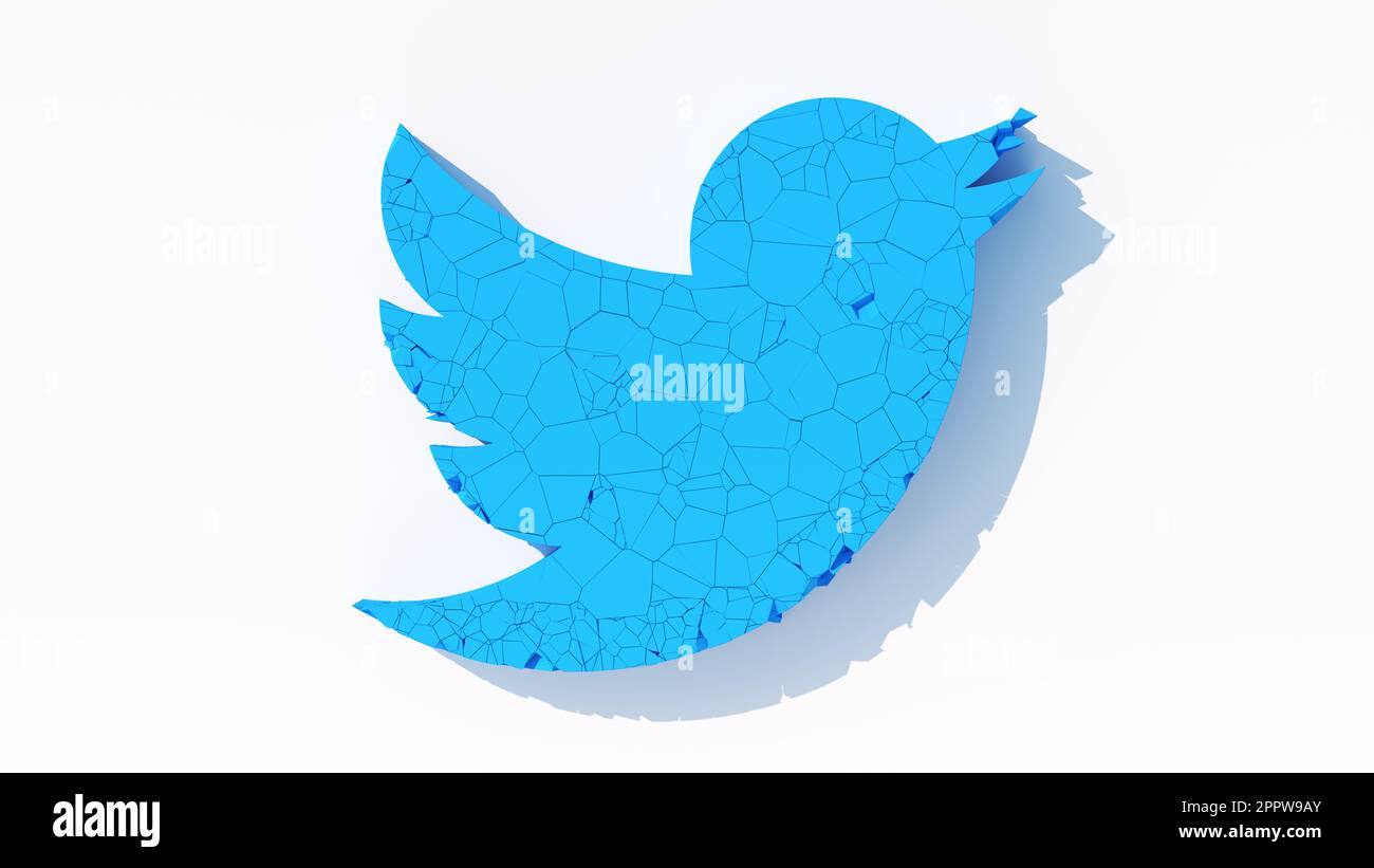 Blue 3D Twitter Inc Social Network Company Logo Broken Brocked Crumbling Bird App Weißer Hintergrund April 25 2023 Abbildung Manchester England 3D Stockfoto