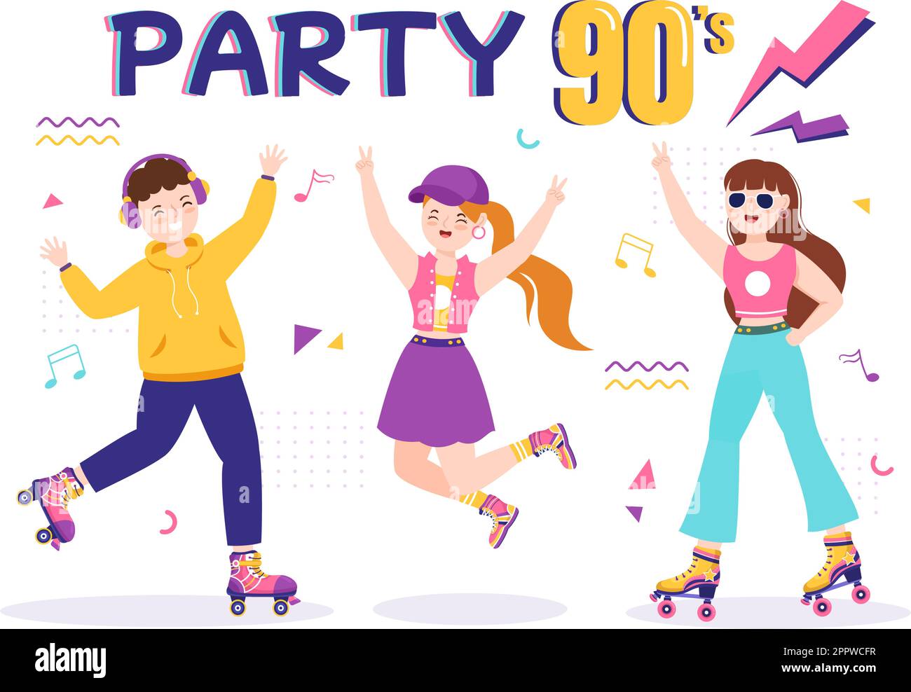 90s Retro-Party-Cartoon Hintergrundillustration mit Musik, Sneakers, Radio und Menschen der Tanzzeit in trendy flachem Design Stock Vektor