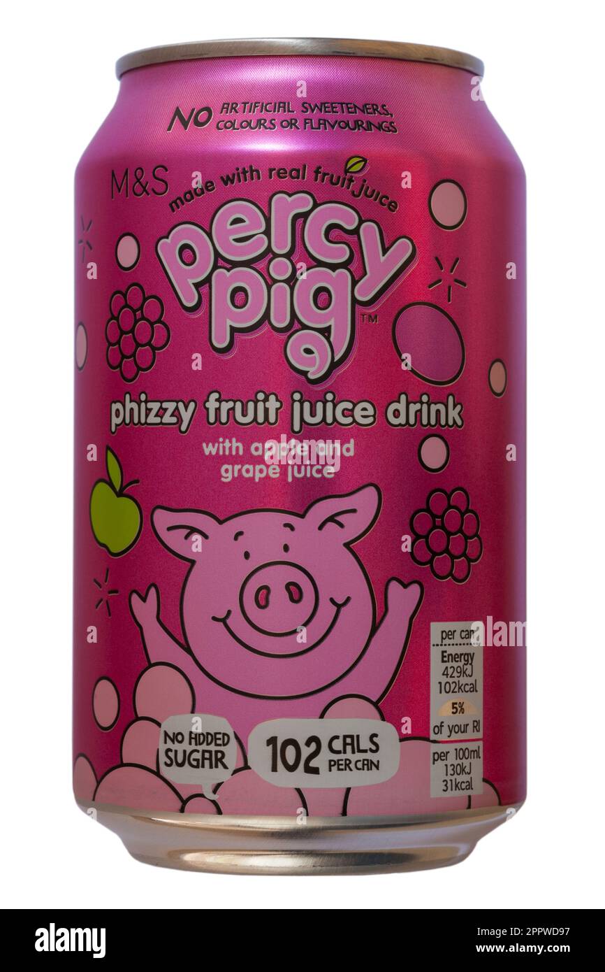 Dose Percy Pig phizzy Fruchtsaftgetränk von M&S aus echtem Fruchtsaft, isoliert auf weißem Hintergrund Stockfoto