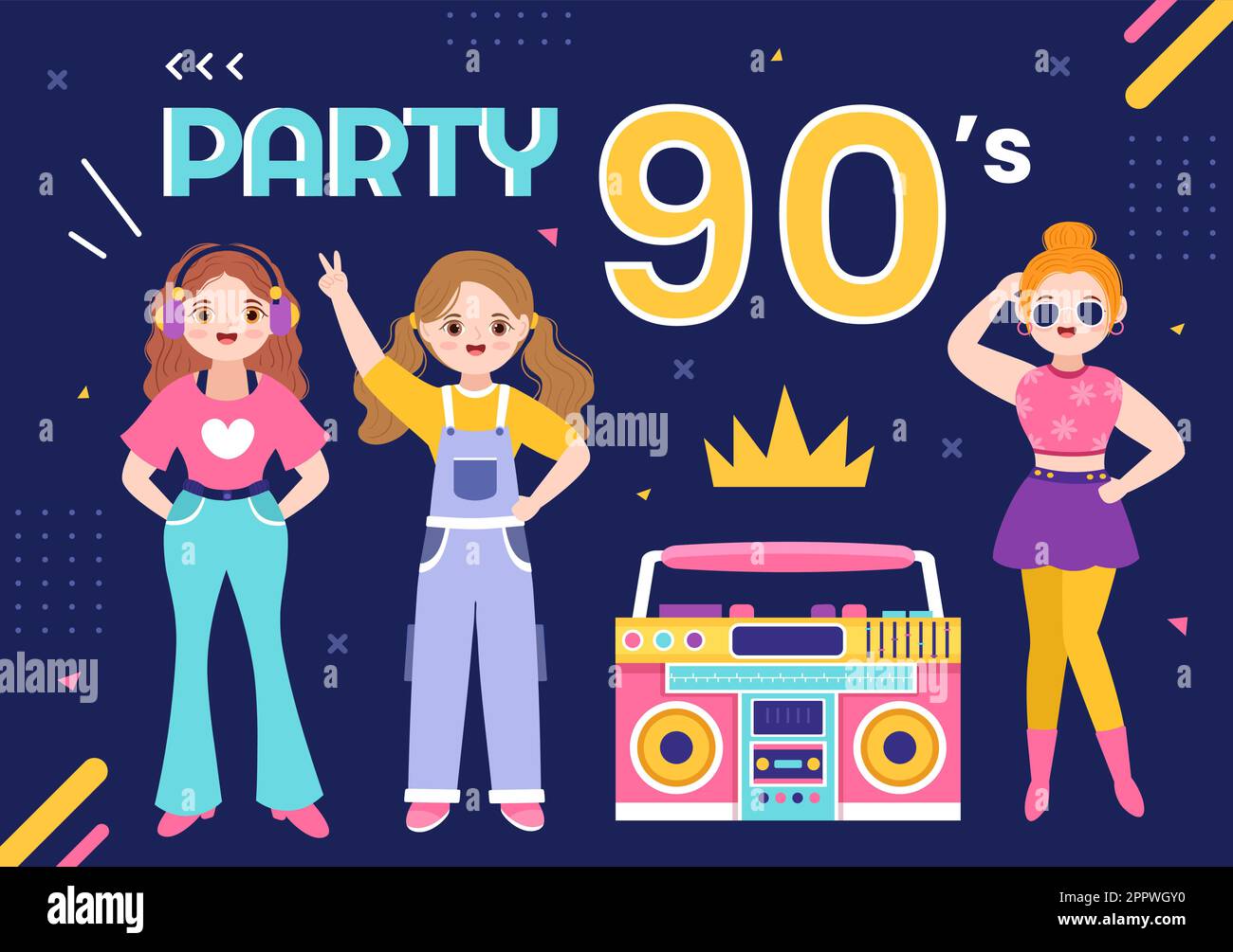 90s Retro-Party-Cartoon Hintergrundillustration mit Musik, Sneakers, Radio und Menschen der Tanzzeit in trendy flachem Design Stock Vektor