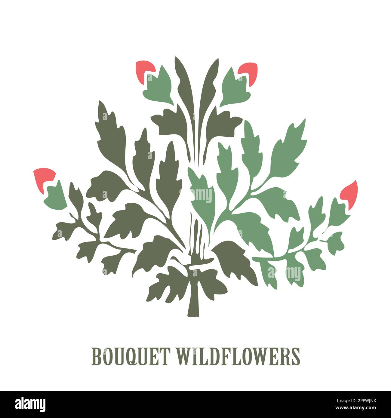 Minimalistische Hochzeitseinladungskarte mit Blumenmuster. Einfacher Busch aus Wildblumen, Stielen, Blättern auf weißem Hintergrund. Vektorabbildung, Grußkarte, Logo, Branding-Design, Druck, Hochzeitseinladung, Geburtstag Stock Vektor