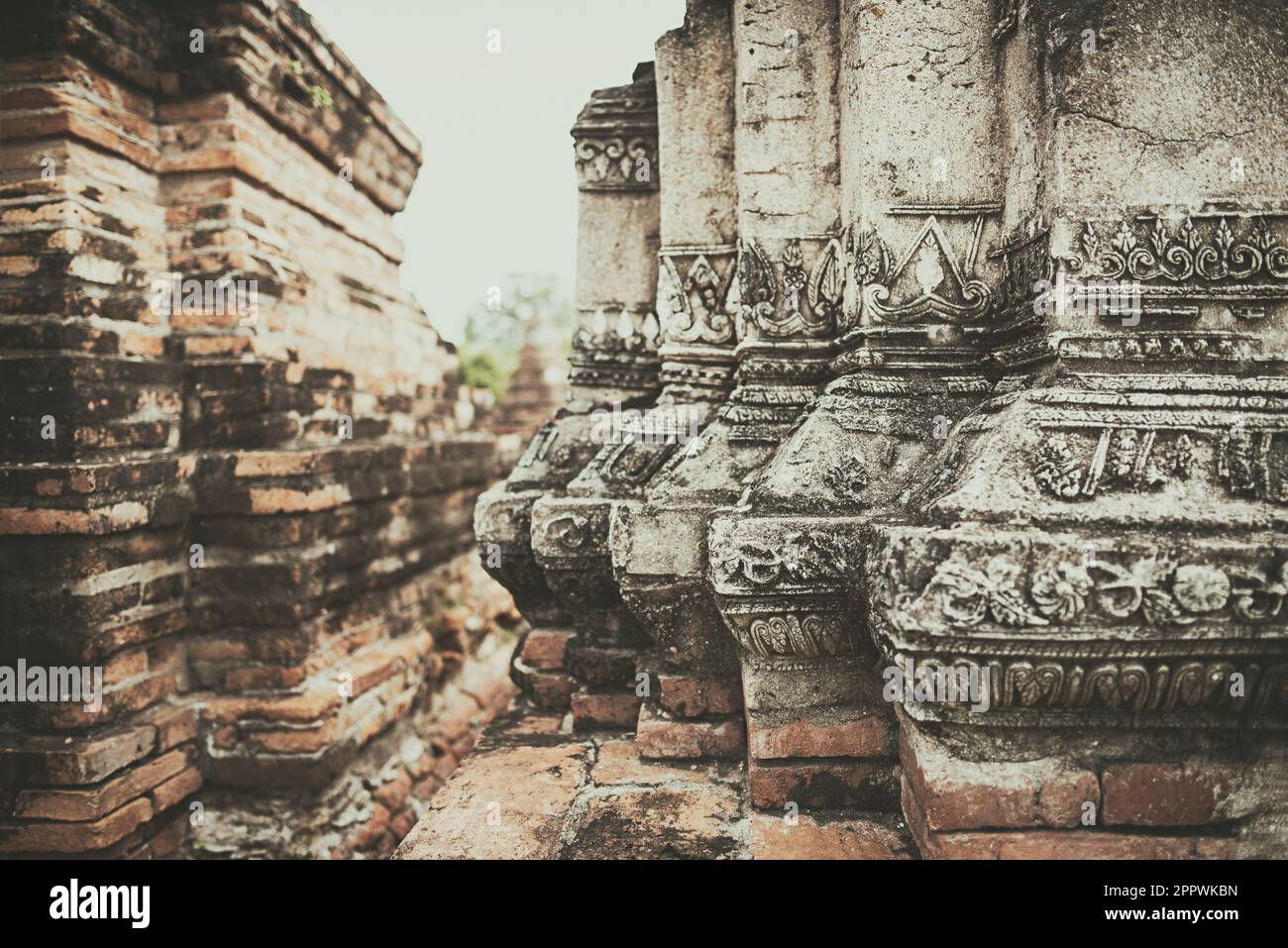 Nahaufnahme der architektonischen Merkmale eines Tempels, Phra Nakhon Si Ayutthaya, Thailand Stockfoto