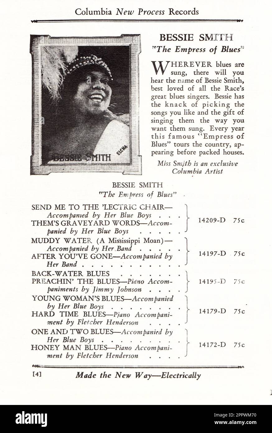 Eine Werbung in einem Columbia Records Race Recording-Katalog von 1927, in dem die 78-Aufnahmespiele der Sängerin Bessie Smith von Jazz und Blues gezeigt werden. Laut Professor Google wären 75 Cent im Jahr 1927 etwa $12,57 im Jahr 2023. Stockfoto
