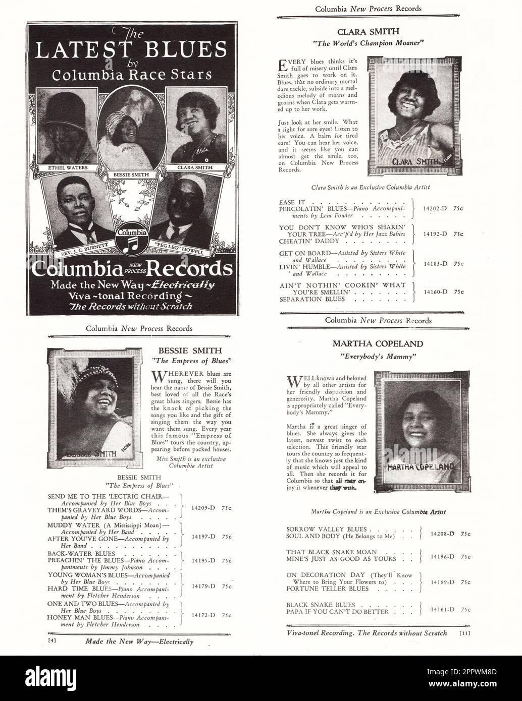 Eine Seite aus einem Columbia Records Race Recording-Katalog von 1927, auf der die Aufnahmen von afroamerikanischen Sängern zu sehen sind. Stockfoto