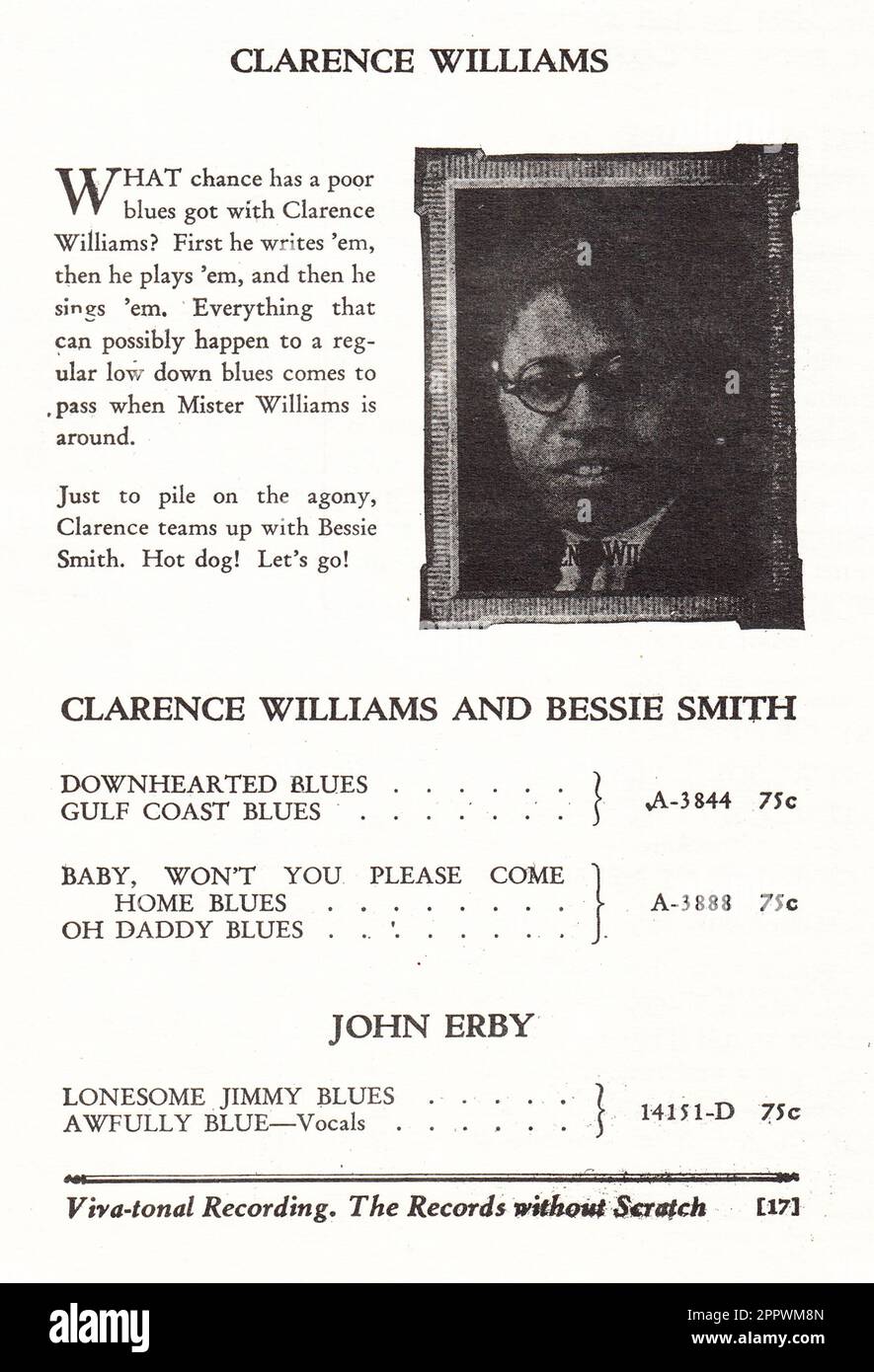 Ein Werbespot in einem Columbia Records Race Recording-Katalog von 1927, in dem die Aufnahmen von Jazzsänger, Komponist und Pianist Clarence Williams mit 78 Aufträgen gezeigt werden. Laut Professor Google wären 75 Cent im Jahr 1927 etwa $12,57 im Jahr 2023. Stockfoto