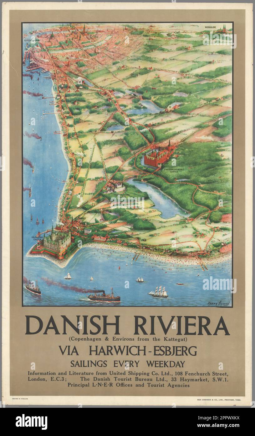 Danish Riviera (Copenhagen & environs from the Kattegat) von Franz Sedivý, Dänisches Tourismusbüro Veröffentlichungsdatum 1930 das Dänische Tourismusbüro veröffentlichte mehrere Versionen dieses Posters auf Englisch, Dänisch und Deutsch. Stockfoto