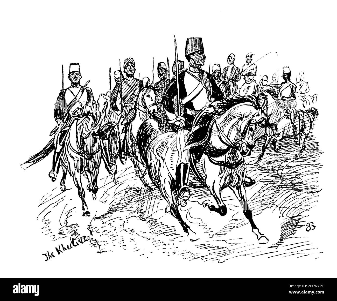 Ägyptische Soldaten auf dem Pferderücken aus dem Buch " from Sketch-book and Diary " von Butler, Elizabeth, Lady, 1846-1933 Publication date 1909 London : Burns & Oates Elizabeth Southerden Thompson (3. November 1846 bis 2. Oktober 1933), später bekannt als Lady Butler, war eine britische Malerin, die sich auf Szenen britischer Militärkampagnen und Schlachten spezialisiert hat, einschließlich des Krim- und des Napoleonischen Krieges Stockfoto