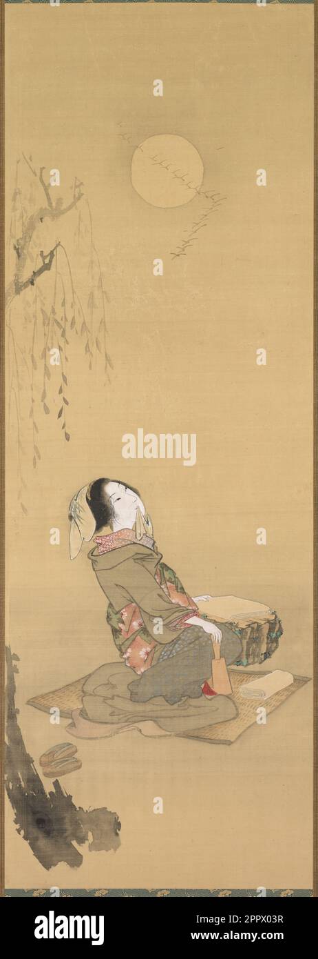 Frau schaut auf den Mond 1800er Japan, Edo Period (1615-1868) Hängerolle; Tinte und Farbe auf Seide insgesamt: 189,2 x 53,3 cm (74 1/2 x 21 Zoll); nur Malerei: 96,5 x 33,7 cm (38 x 13 1/4 Zoll) Stockfoto